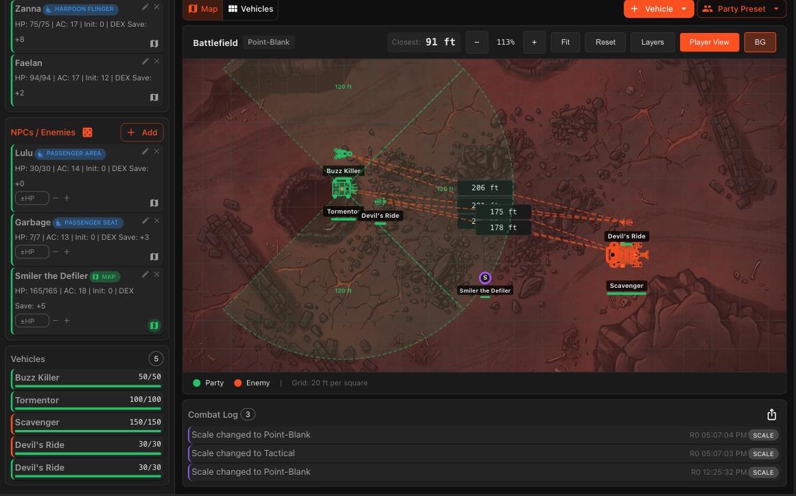 VVTT tactical battlefield showing Avernus war machines with weapon range arcs and a crew panel