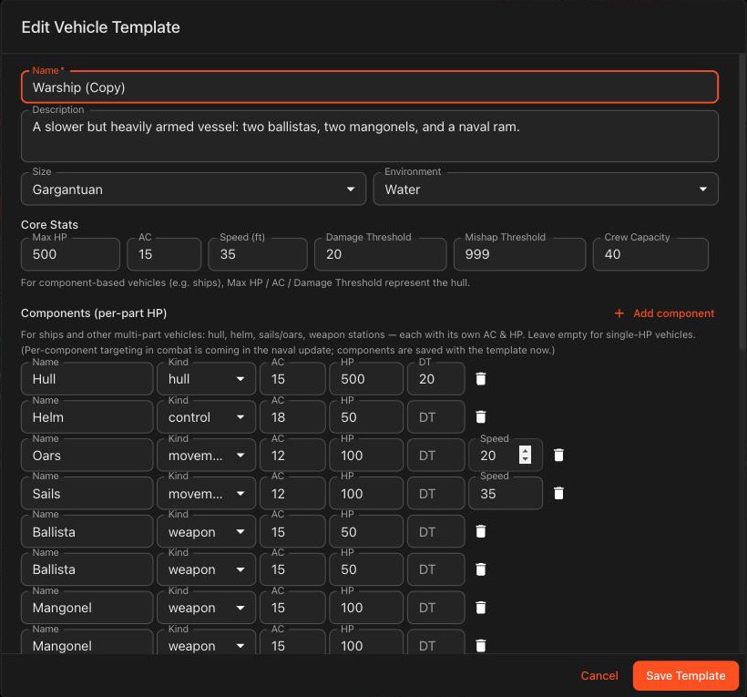 VVTT vehicle editor showing a Ghosts of Saltmarsh warship with per-component AC and HP for hull, helm, oars, sails, ballistas, and mangonels